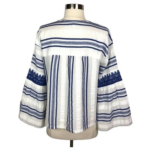 Joie Selbea Top XS Regatta Blue Striped Embroidered Bell Sleeve Cotton Blouse - Picture 8 of 10